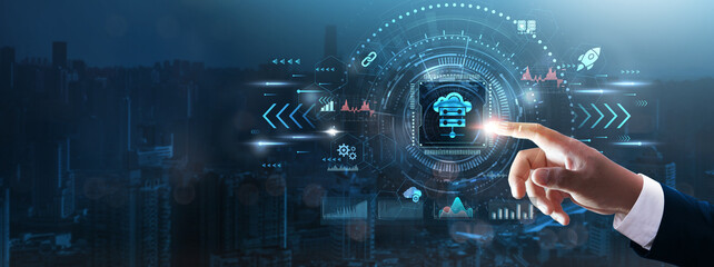 Cloud Computing: Businessman’s hand touching futuristic technological interface, data storage, scalability, remote access, virtual infrastructure, and technology concept.
