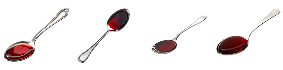 Spoonful of Cough Syrup – A spoon filled with red or brown cough syrup typically used for relief. Isolated on Clear White Background Highly Detailed 