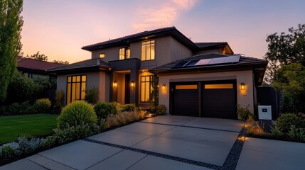 Modern house sunset; suburban neighborhood; solar panels; driveway