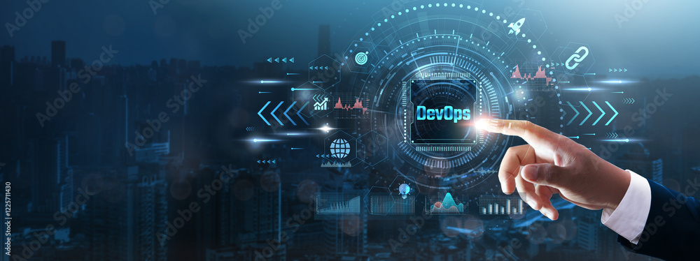Poster devops: businessman’s hand touching futuristic technological interface, continuous integration, auto