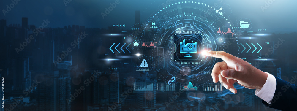 Poster document management: businessman’s hand touching futuristic technological interface, document organi