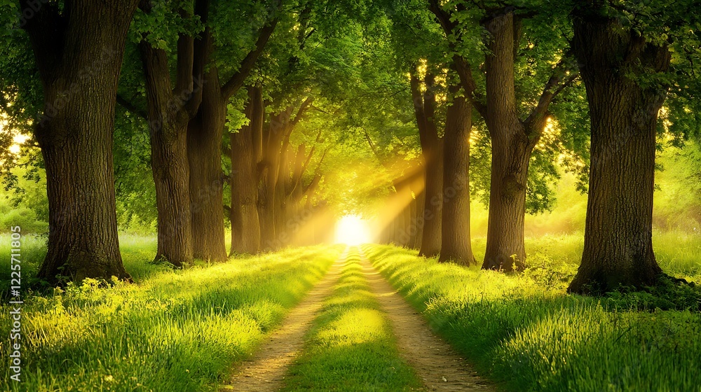 Poster a tranquil forest path lined with tall trees and dappled sunlight filtering through the leaves