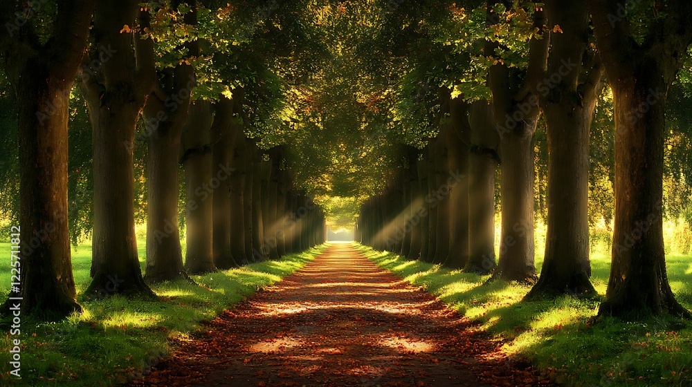Poster a tranquil forest path lined with tall trees and dappled sunlight filtering through the leaves