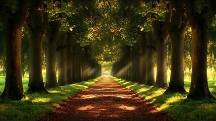 A tranquil forest path lined with tall trees and dappled sunlight filtering through the leaves