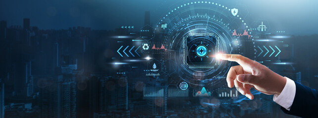 Energy Technology: Businessman&rsquo;s hand touching futuristic technological interface, renewable energy, smart grids, energy optimization, sustainable solutions, and technology concept.