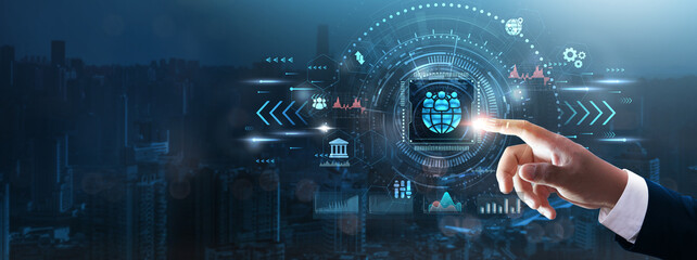 Global Business: Businessman’s hand touching futuristic technological interface, international...