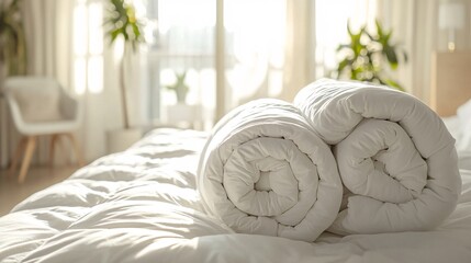 Two white soft duvets lying on bed in bright sunny bedroom