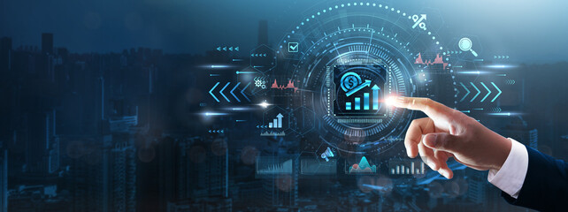 Increase Sales: Businessman’s hand touching futuristic technological interface, sales strategies,...