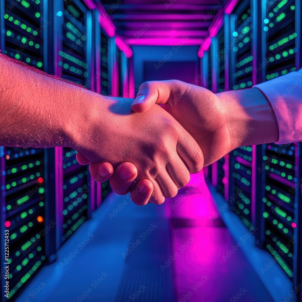 Poster innovative collaboration between tech developers data center close-up image modern environment profe