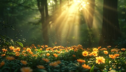 A field of flowers is bathed in sunlight, creating a warm