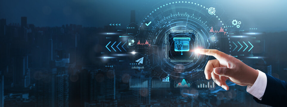 Introduction: Businessman’s hand touching futuristic technological interface, digital transformation, innovation, automation, modern business solutions, and technology concept.