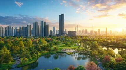 Fototapeta premium Cityscape with a Park and a Lake at Sunset