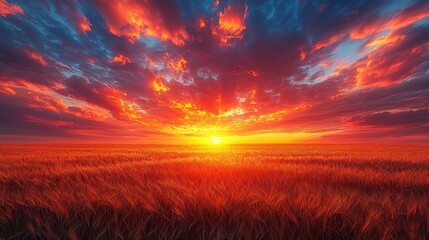 Fototapeta premium Fiery sunset over golden wheat field, serene landscape