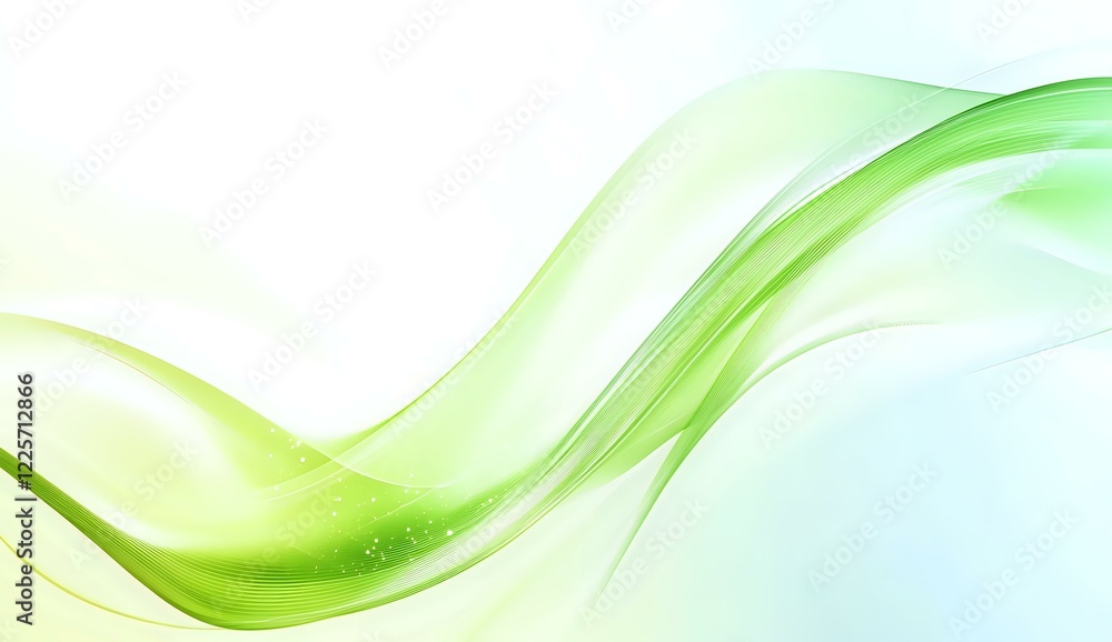 Poster flowing green transparent waves create dynamic motion against white background, abstract modern desi