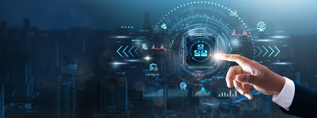 Procurement Management: Businessman’s hand touching futuristic technological interface, supply...