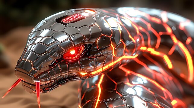 Robotic snake desert background, glowing red, close-up, futuristic concept, sci-fi illustration