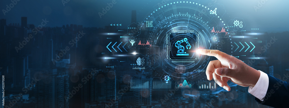 Poster robotics: businessman’s hand touching futuristic technological interface, automation, artificial int