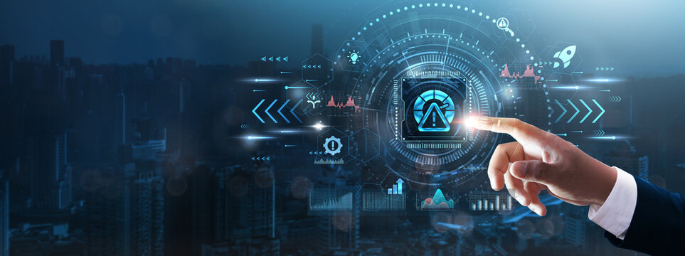 Risk Management: Businessman's hand touching futuristic technological interface, threat analysis, mitigation strategies, compliance monitoring, business continuity, and technology concept.
