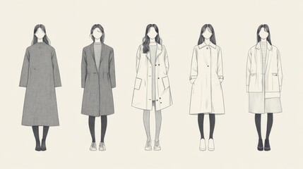 Five grayscale illustrations of women in different coats.