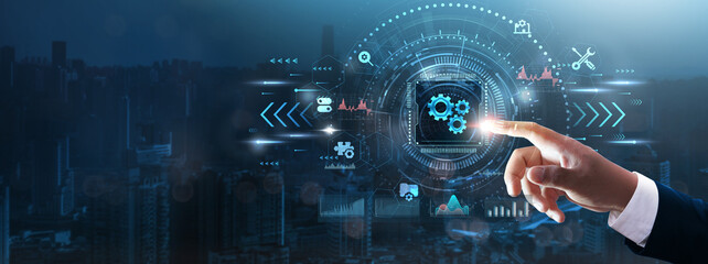 Settings: Businessman’s hand touching futuristic technological interface, configuration options,...