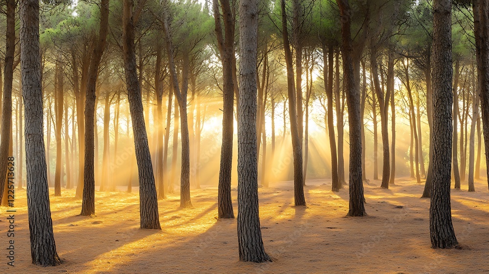 Poster a tranquil forest with a soft carpet of pine needles and sunlight filtering through the trees