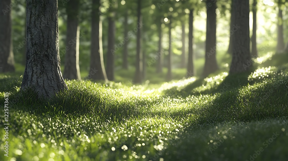 Poster a tranquil forest with a soft carpet of pine needles and sunlight filtering through the trees