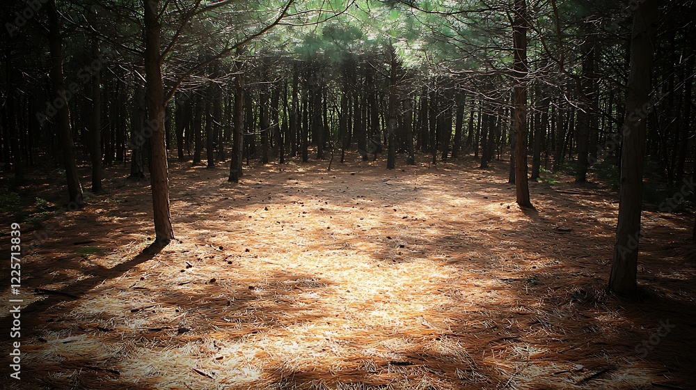 Poster a tranquil forest with a soft carpet of pine needles and sunlight filtering through the trees