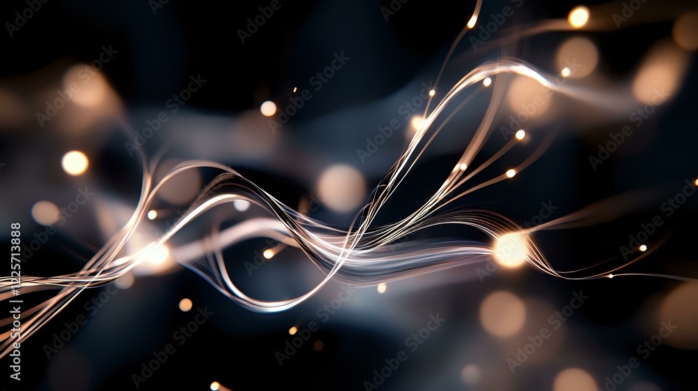 Poster glowing white energy waves with light particles flow on dark background creating dynamic motion effe