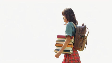 portrait of a young schoolgirl carrying books isolated on white