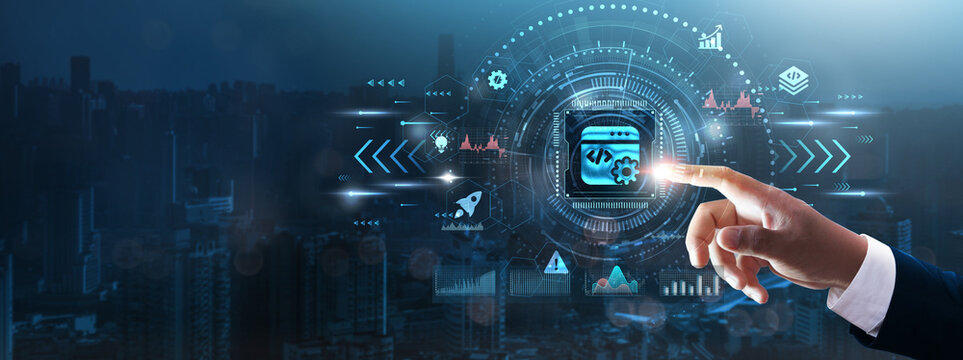 Web Development: Businessman’s hand touching futuristic technological interface, coding interfaces, responsive design, user experience, e-commerce business, and technology concept.