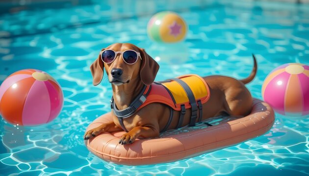 Dachshund dog on a pool float wearing a life jacket and sunglasses for a summer vacation