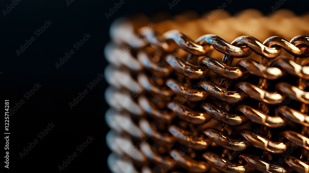 Aufkleber macro shot of golden metal chain links creating repetitive pattern with dramatic lighting and shallo
