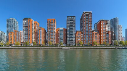 Fototapeta premium Waterfront city skyline, modern apartments, sunny day, river reflection, urban development