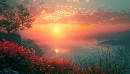 A beautiful sunset over a mountain range with a tree in the foreground