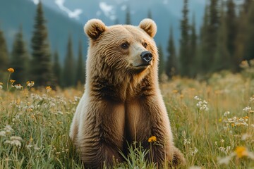 Obraz premium Majestic brown bear sitting upright in mountain meadow with wildflowers, evergreen forest and mountains in background, natural wildlife photography.