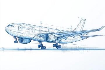 Detailed airplane blueprint showcasing precise engineering and aerodynamics, symbolizing aviation technology and innovation. Perfect for aerospace, technical design, and manufacturing themes.