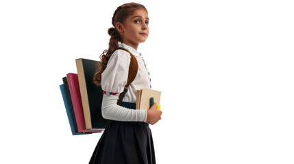 portrait of a young schoolgirl carrying books isolated on white