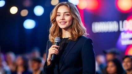 Young woman presenting at a conference with a microphone