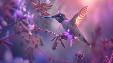 A sweet hummingbird with iridescent feathers hovering near a flower