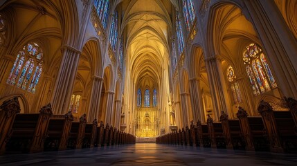 Obraz premium Interior of a cathedral with vaulted ceilings and stained glass windows