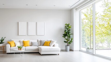 Modern white living room with large window, plants, and empty frames