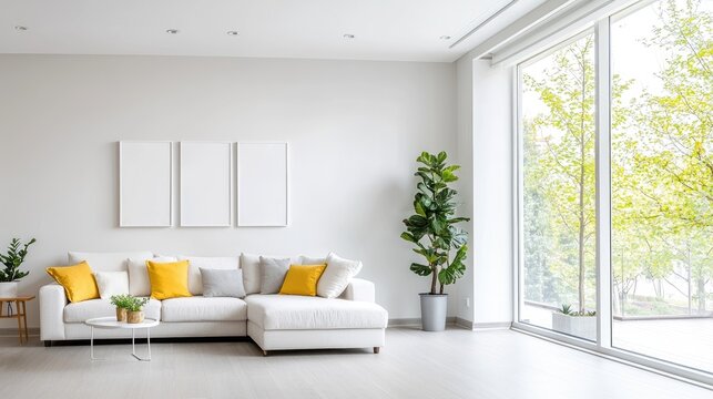 Modern white living room with large window, plants, and empty frames