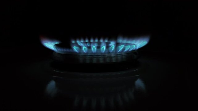 Slow-motion effect of gas stove burner igniting, showing flames appearing gradually.