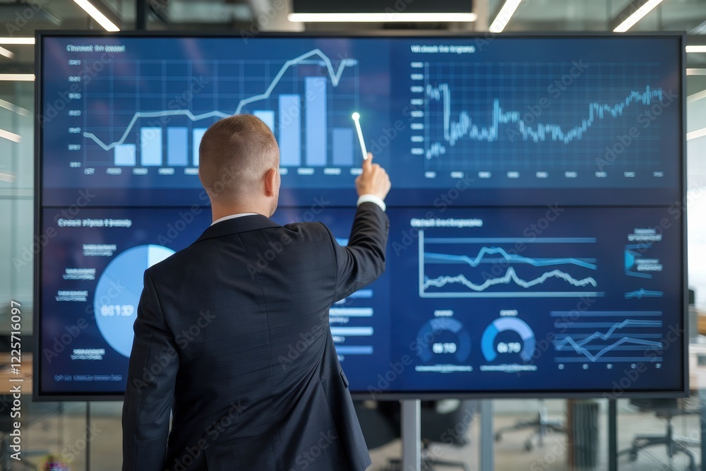 Poster businessman analyzing data on large screen display