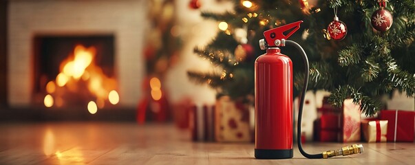Fire extinguisher placed in front of a festive christmas scene, ensuring holiday safety