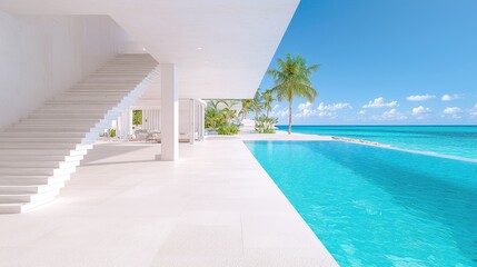 Fototapeta premium Modern white minimalist villa with a swimming pool overlooking the turquoise ocean under a clear blue sky.