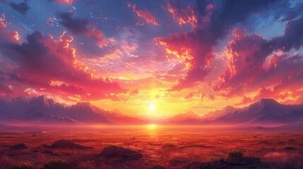 A beautiful sunset over a vast, empty field with mountains in the background
