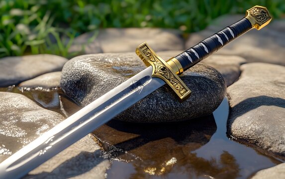 Fototapeta Ornate Medieval Sword in Stream, Fantasy Weapon,  Golden Hilt,  Ancient Blade