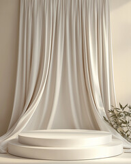 Minimalist cream-colored fabric draped elegantly with soft folds, luxurious interior background concept for branding, product showcase, or high-end photography setup
