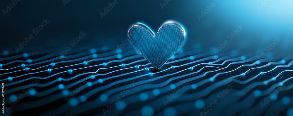Poster glowing blue heart shape floating above digital circuit pattern with flowing light trails against da